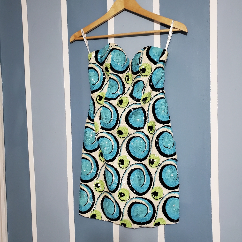 Unique Vintage La Femme Strapless Dress with Blue and Lime Circles
